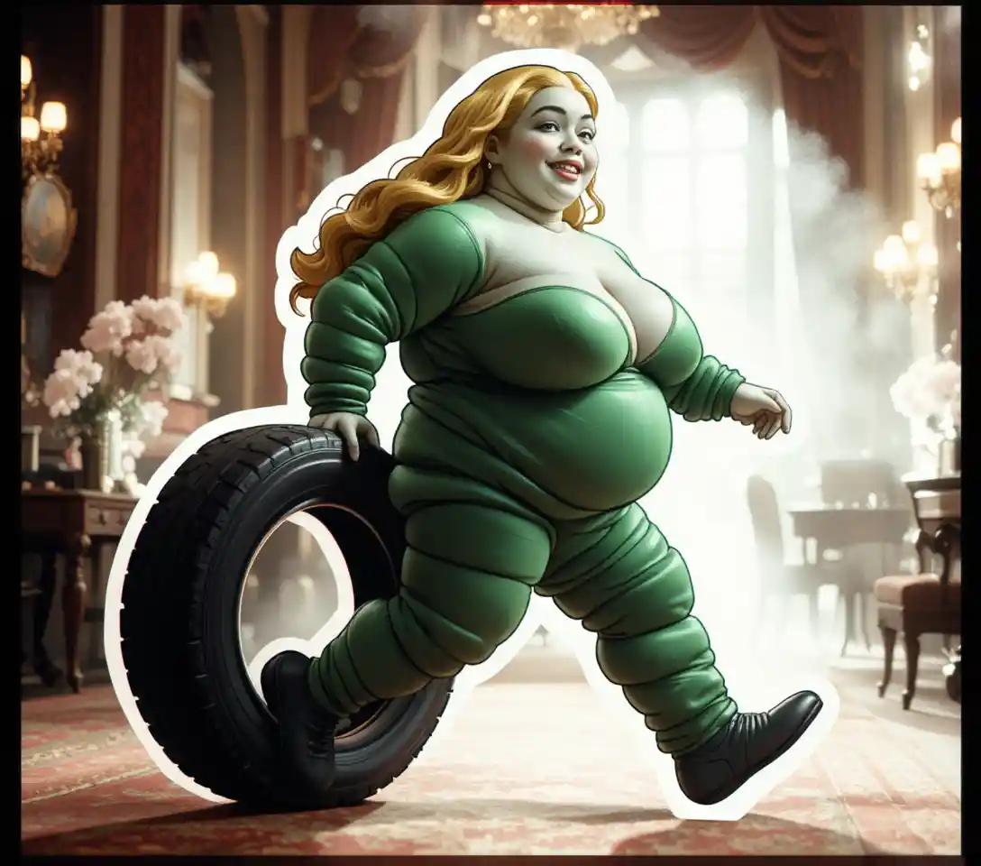 Iconic cartoon mascot walking with a large car tire