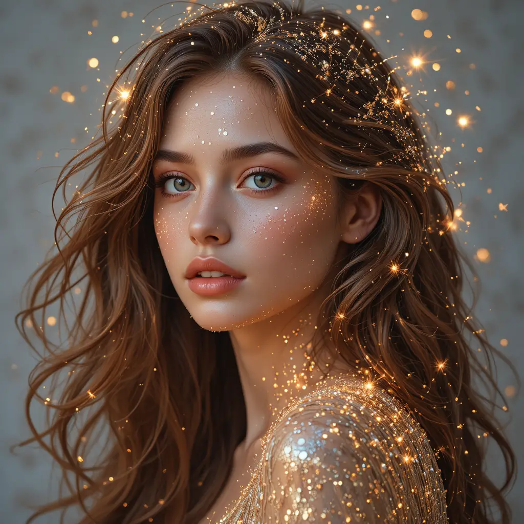 Young woman with glittering chestnut hair in soft close up