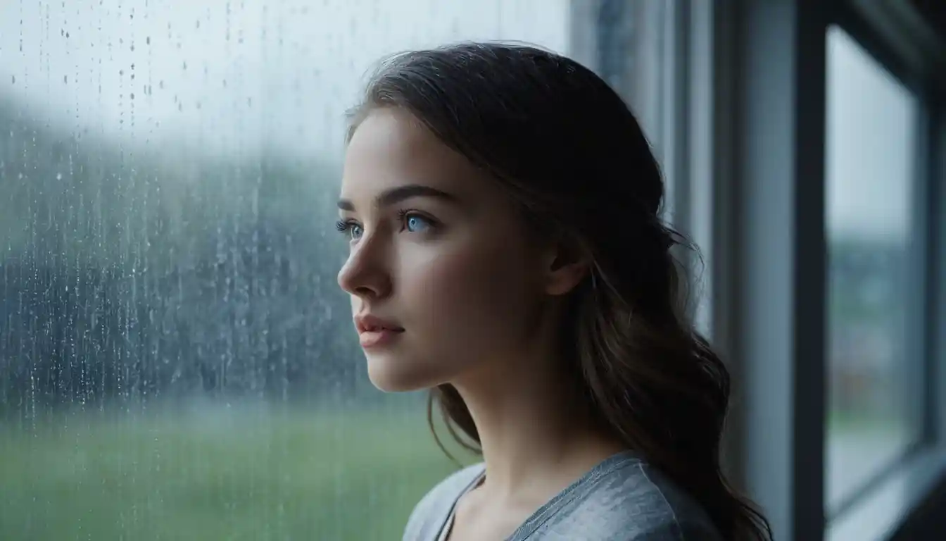 Young woman in soft light looking out rainy window