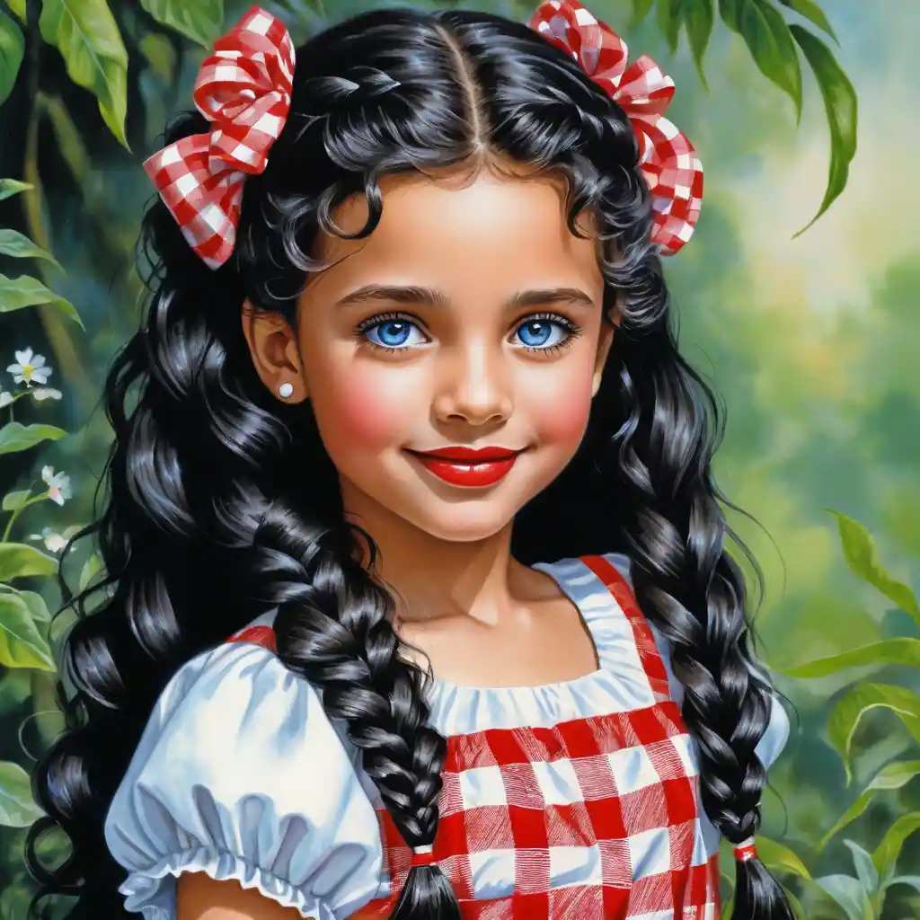Smiling girl with curly black hair in a red check dress