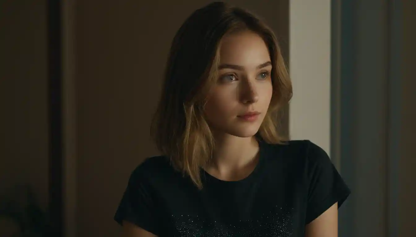 Young woman in soft light looking away in a quiet room