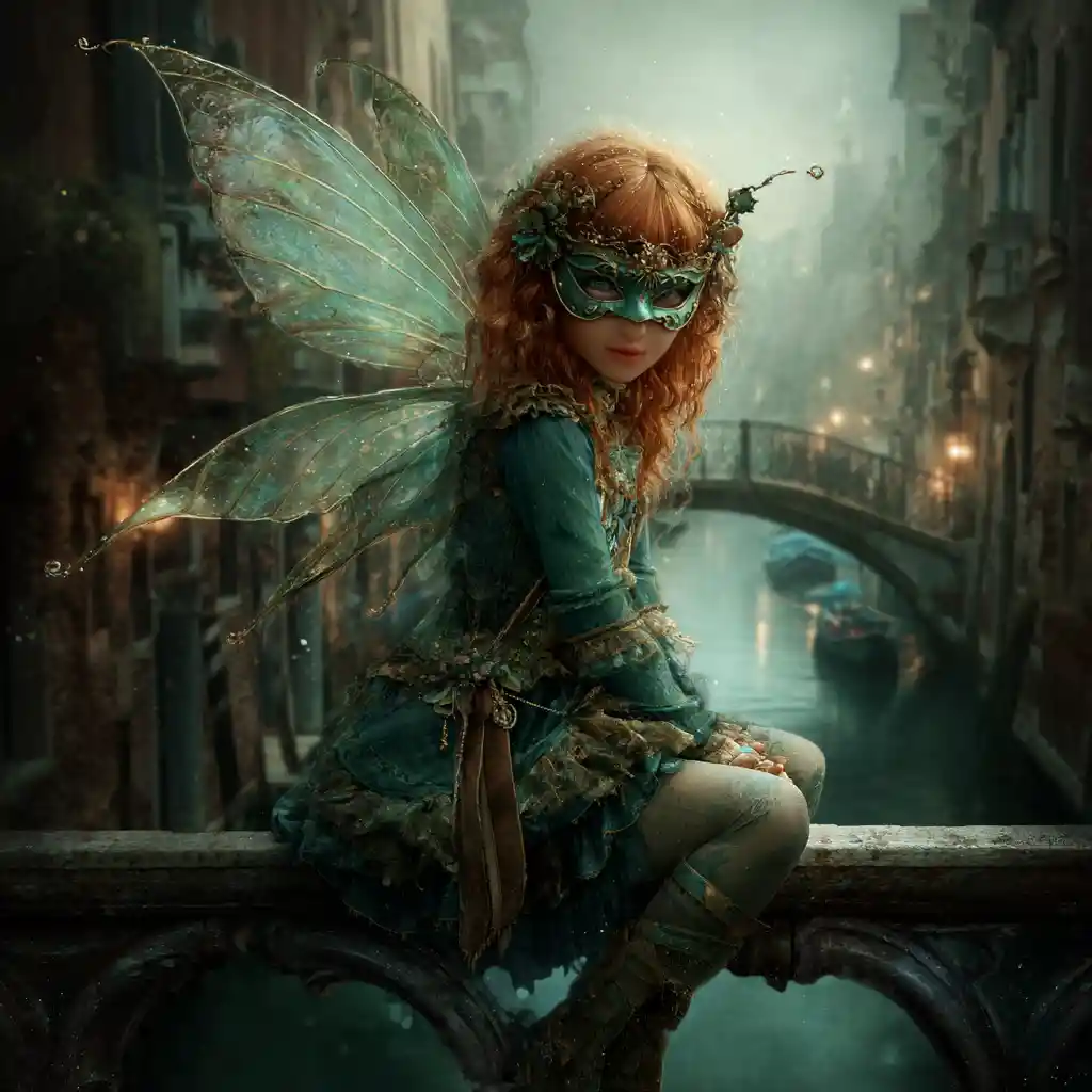 Masked fairy woman on a rococo bridge in Venice