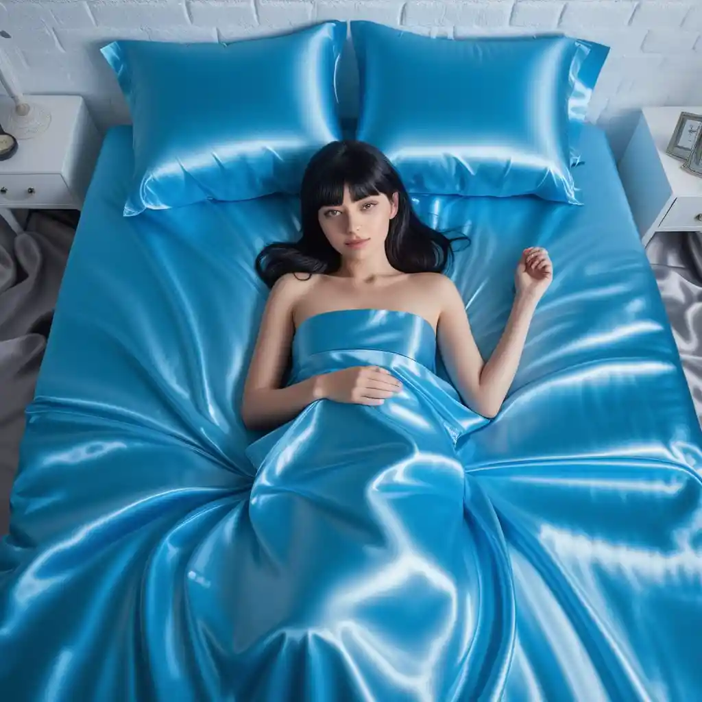 Beautiful woman lying on blue satin bed sheets