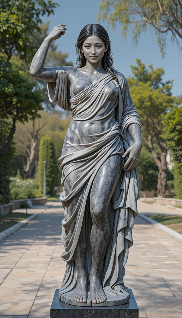 Roman marble statue of a young woman in a sunlit park