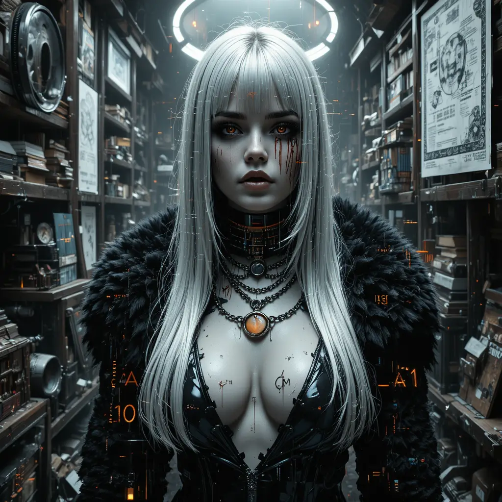 Techno-Noir-Porträt einer Frau im glitschenden Cyber-Archiv