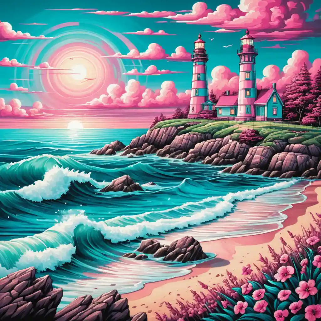 Close up cartoon lighthouse against a turquoise summer sea