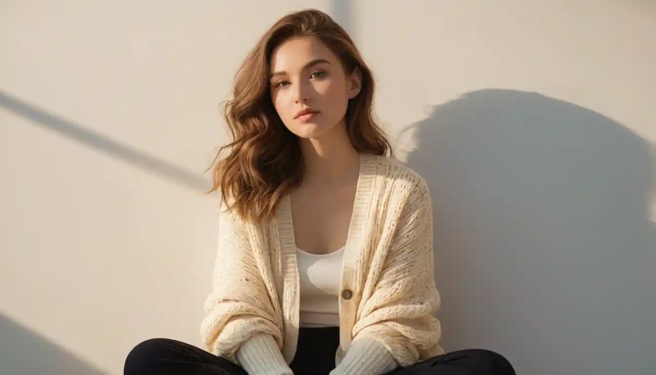 Young woman in cream cardigan in soft golden backlight