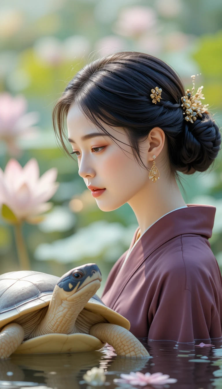 Young Japanese woman in profile above reflective water