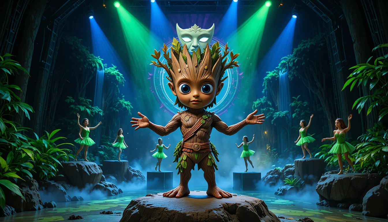 Whimsical tree creature performing on a jungle fantasy stage