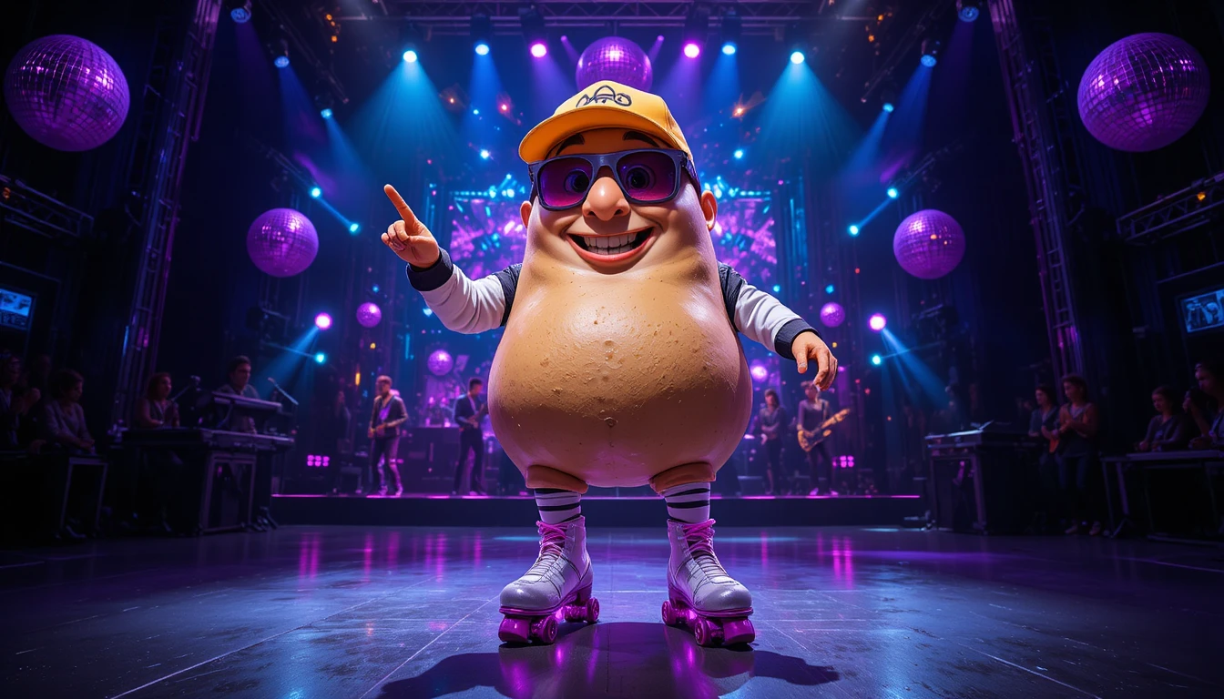 Potato costume character dancing on a vibrant stage