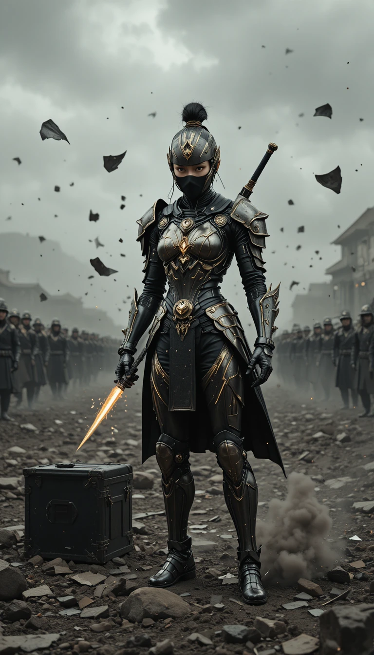 Female warrior on a desolate battlefield in cinematic frame