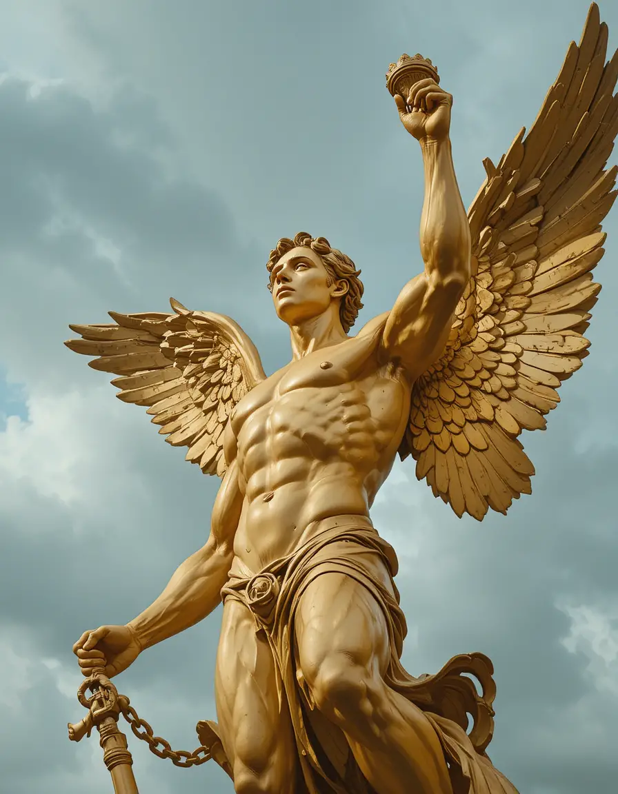 Golden winged angel statue shot from a low angle