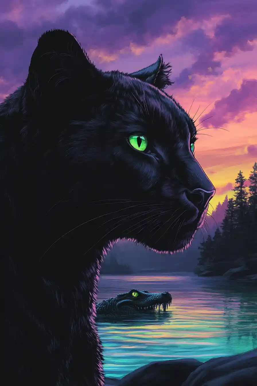 Black Panther Standing On Lakeside Rocks At Sunset