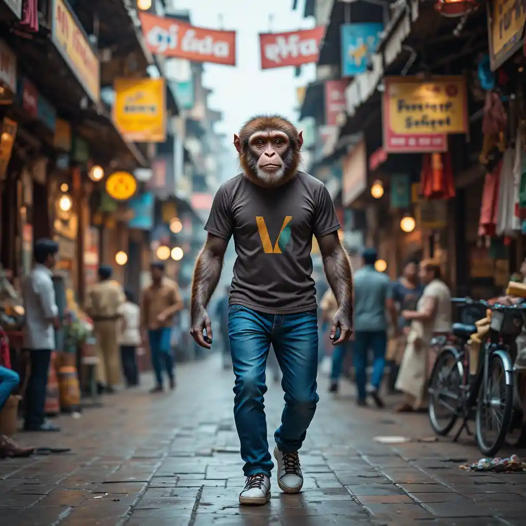 Realistic monkey walking upright in an Indian street market