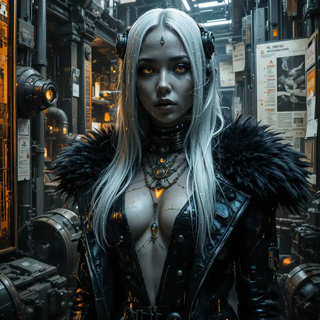 Cyberpunk woman dissolving into glitch inside data archive