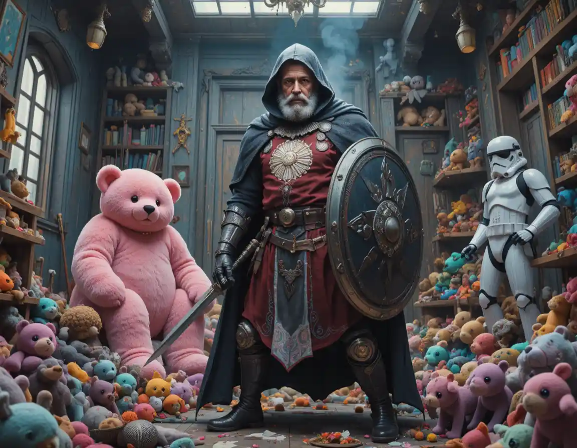 Middle aged warrior standing bravely in a toy filled room