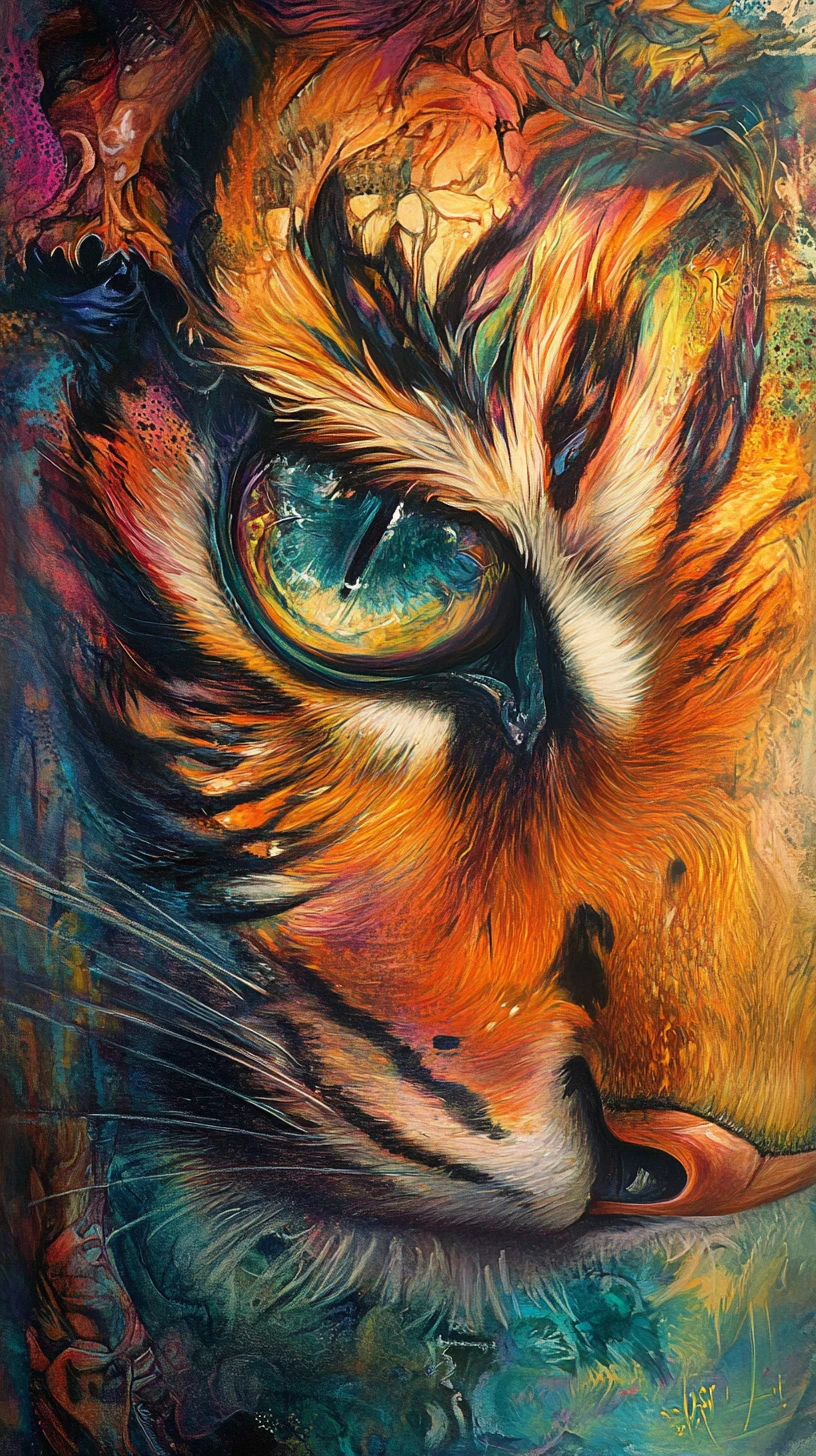 Surreal mixed media close up of colorful tiger eyes