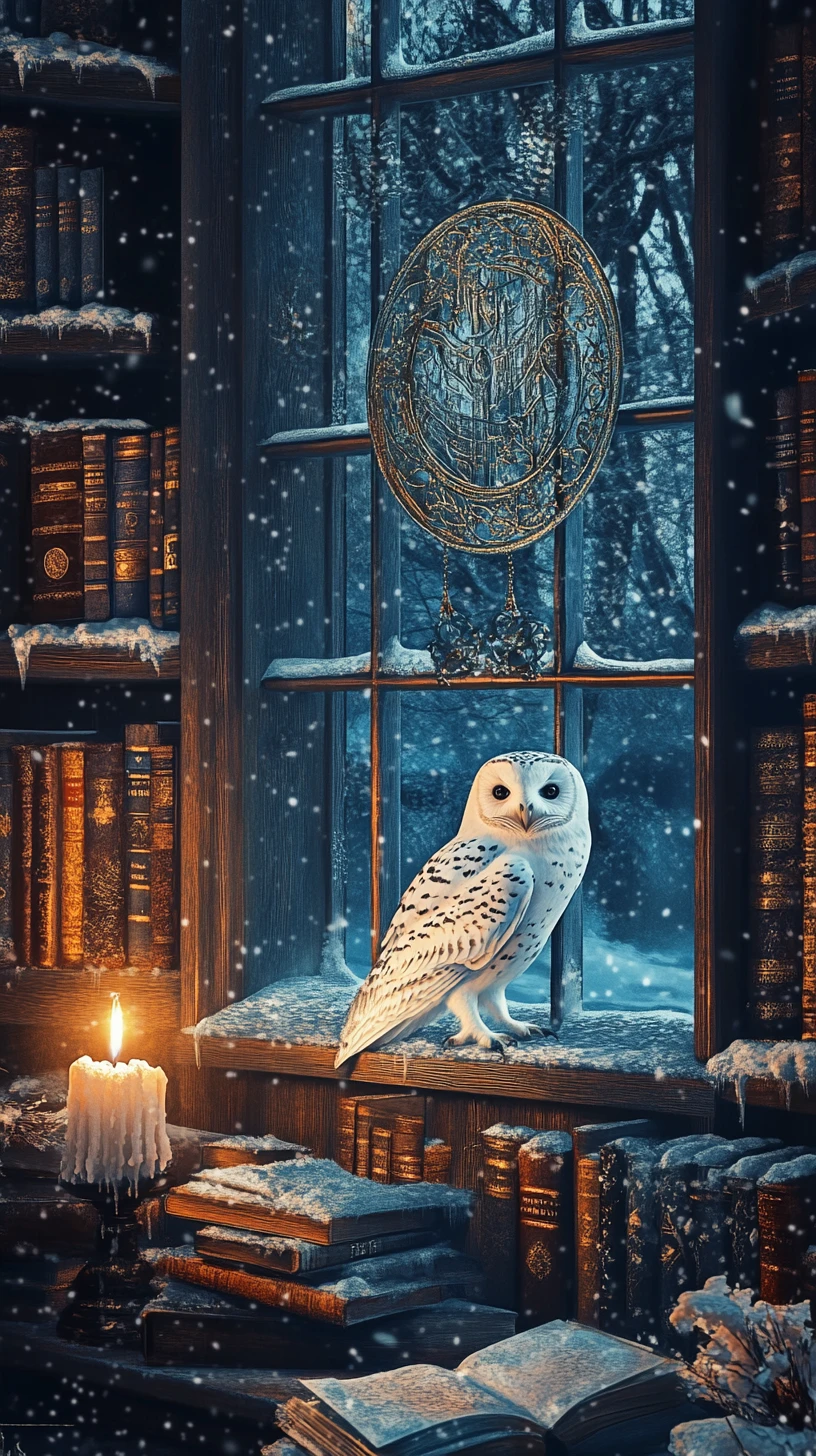 Cozy witch library with white owl and candlelit spellbooks
