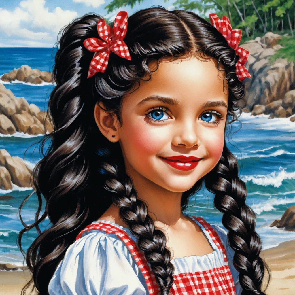 Smiling curly haired girl in red checkered summer dress