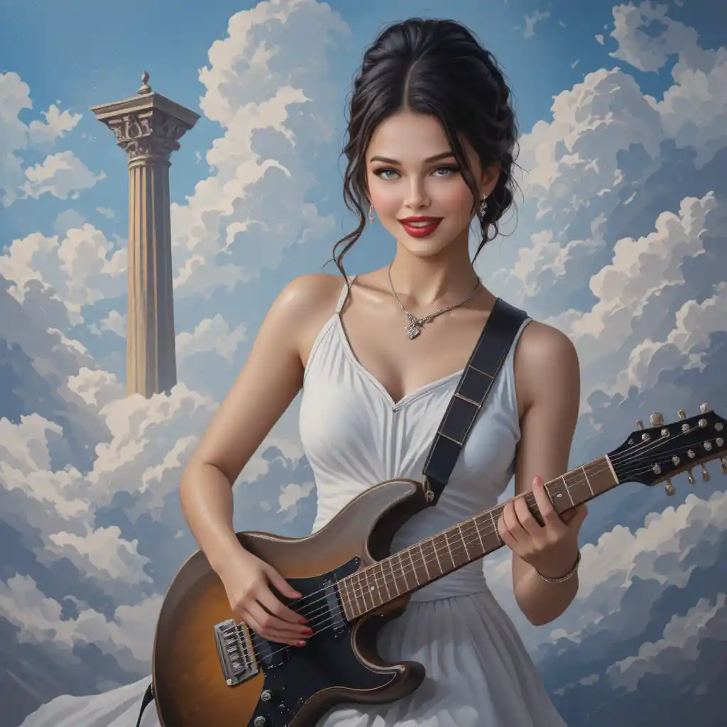 Woman In White Dress Playing Guitar Among The Clouds