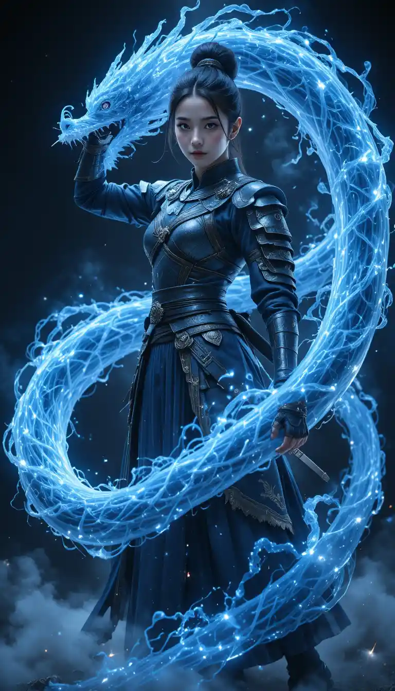 Female warrior with ethereal blue spirit dragon