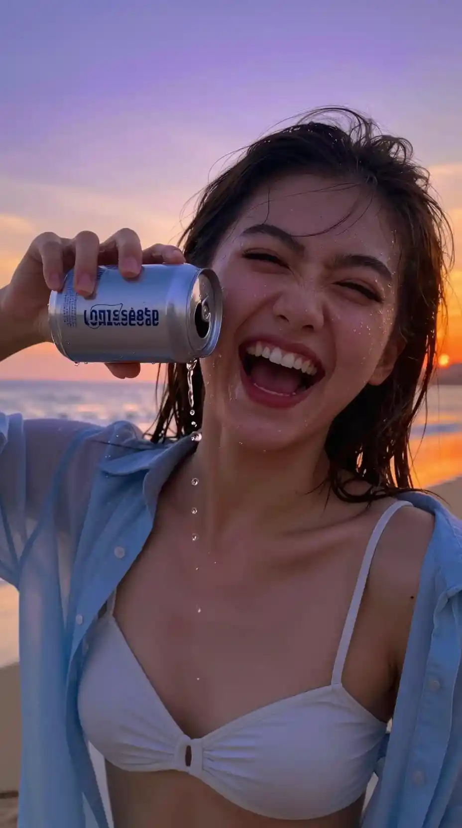 Laughing girl pressing cold soda can at sunset beach