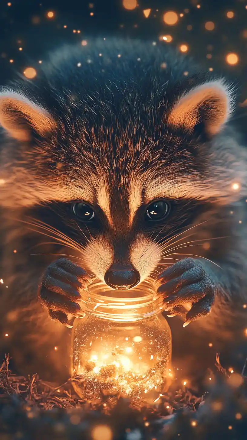 Cute baby raccoon peeking into a small glowing jar