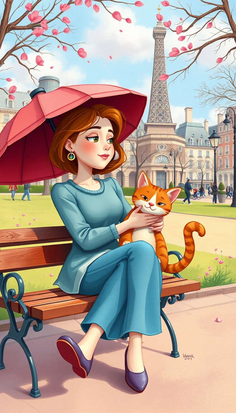 Woman walking her cat through a sunny Parisian park