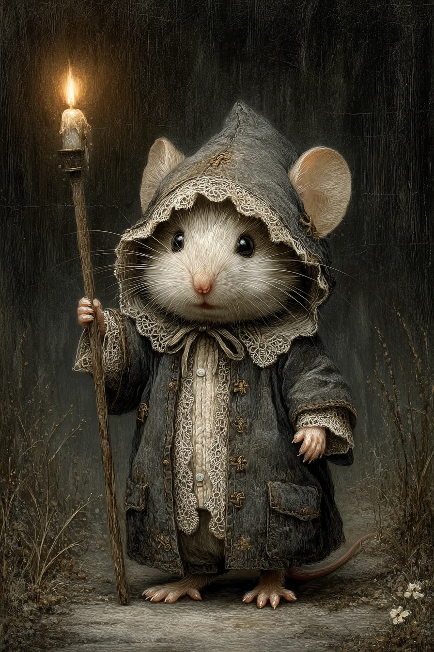 Ratón pequeño con vela caminando por un sendero oscuro del bosque