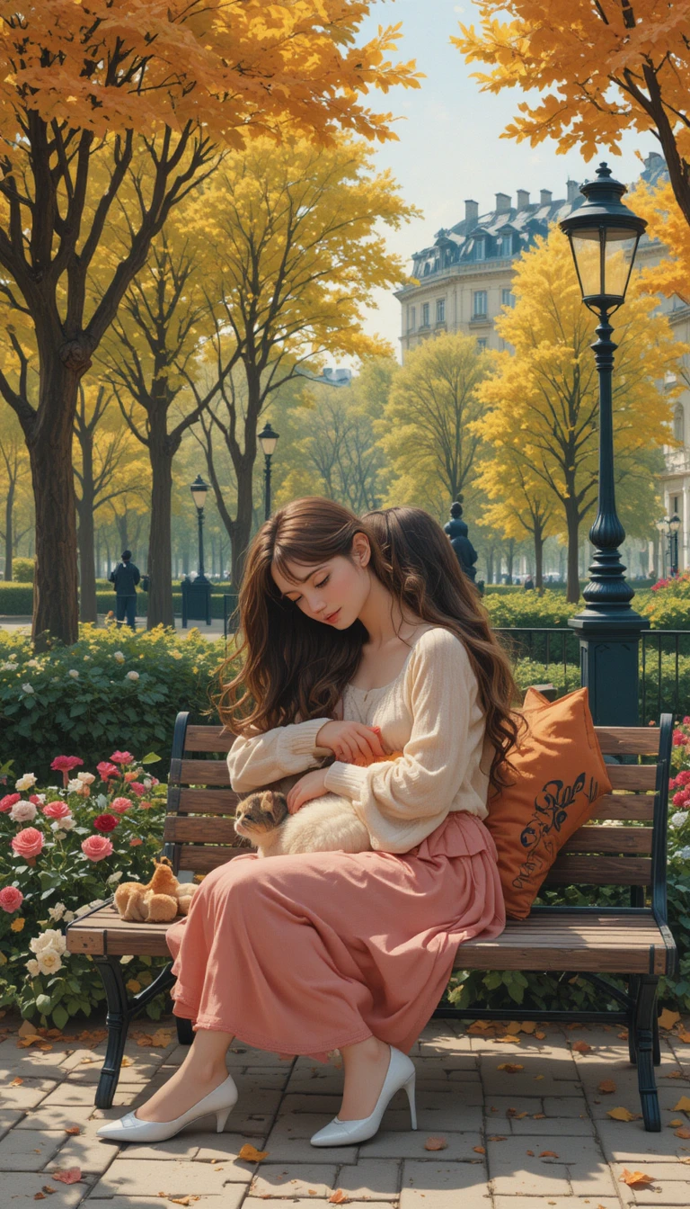Girl walking her cat in a sunny parisian city park
