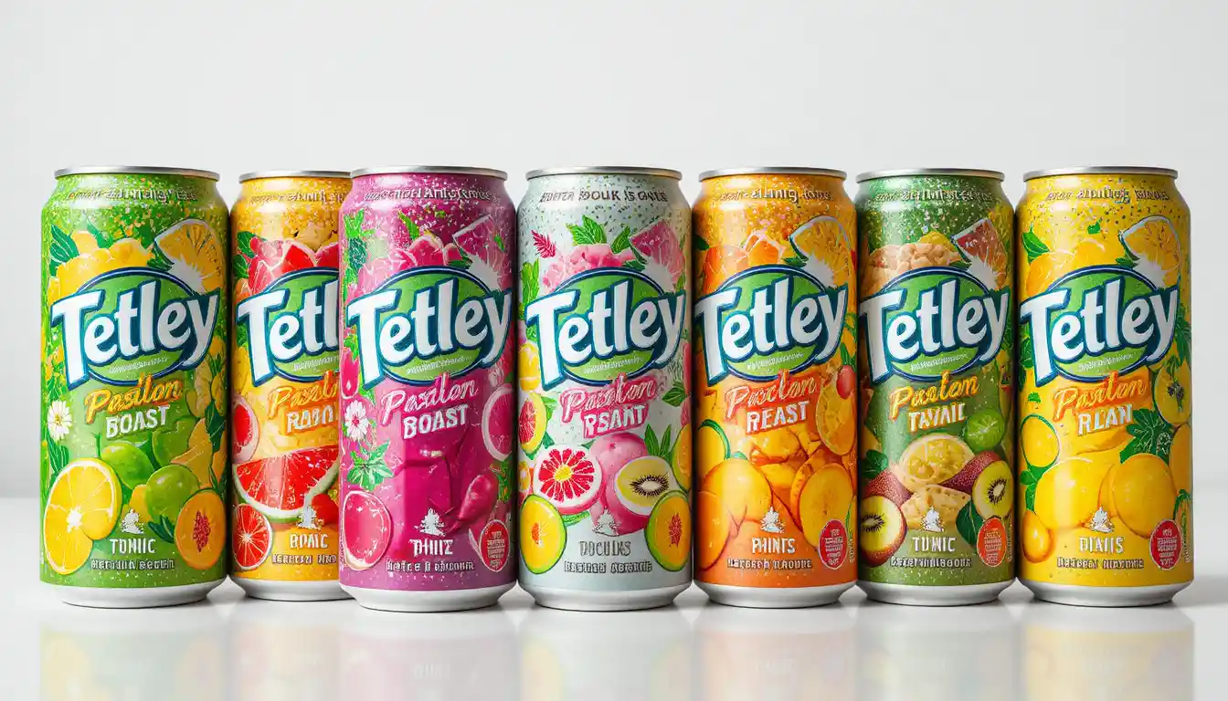 Colorful fruit soda cans on a clean white background