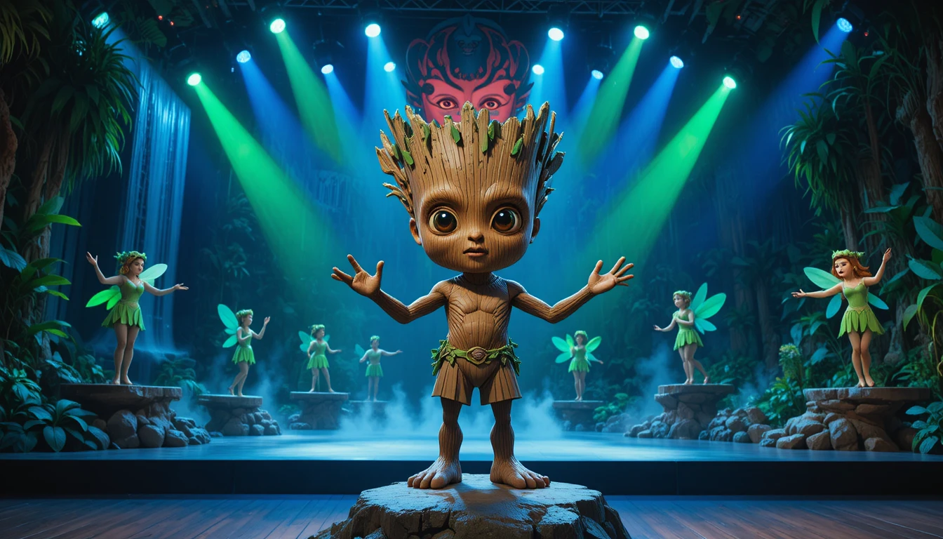 Whimsical tree like creature on stage with dancing fairies