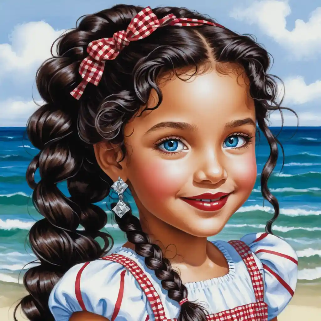 Smiling girl with long curly hair in summer portrait