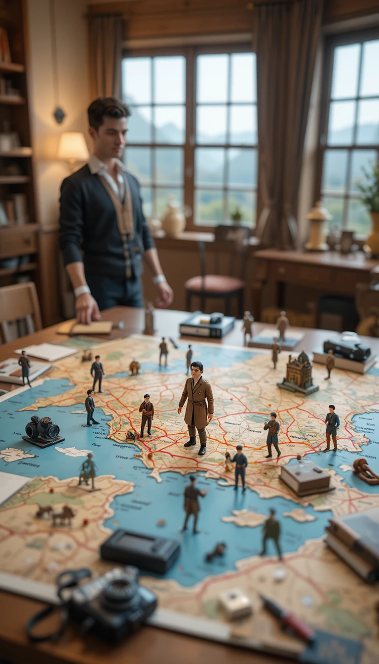 Traveler standing by table with detailed 3D country map