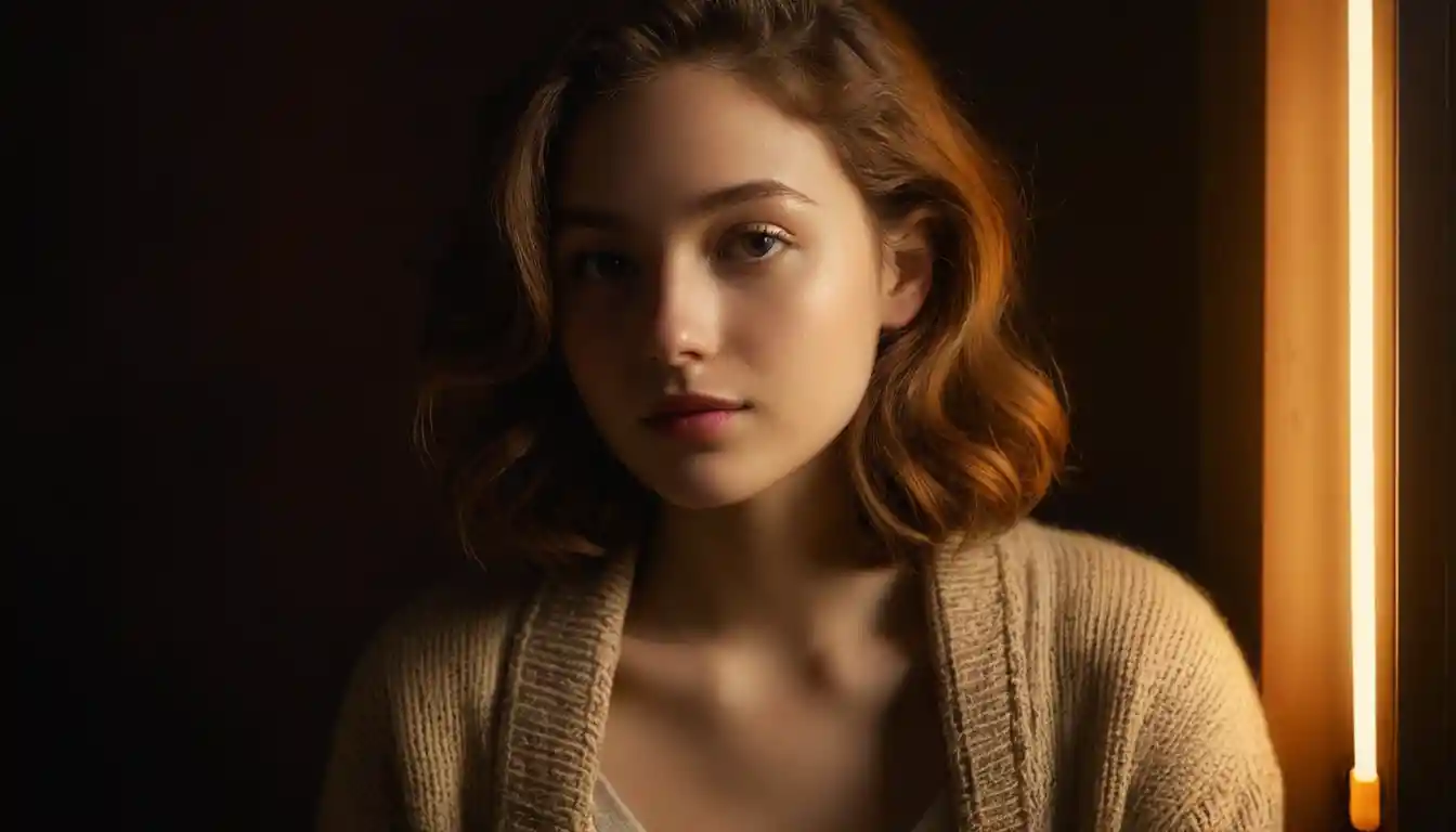 Young woman in cardigan lit by warm vacuum tube glow