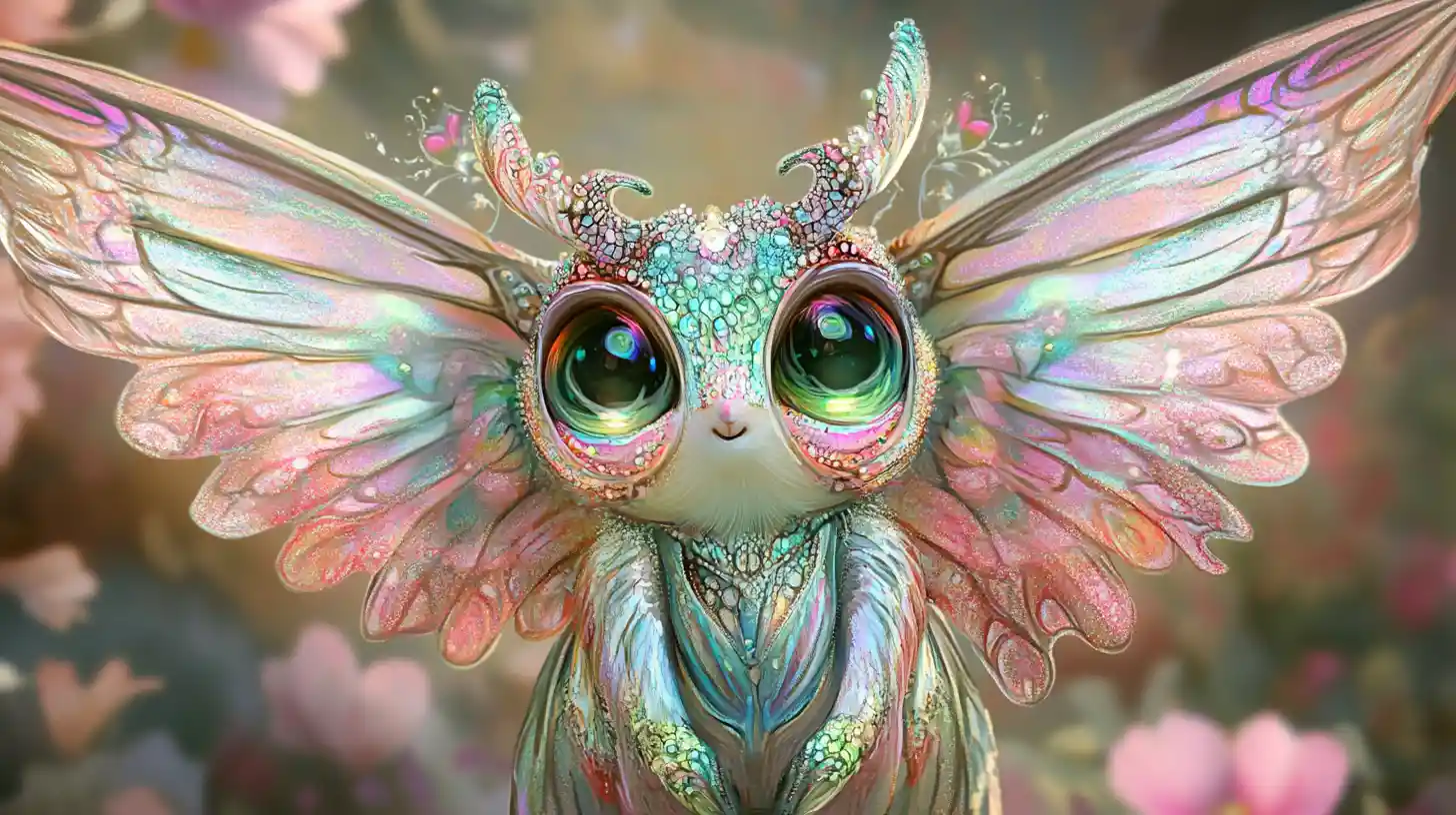 Colorful fantasy pixie creature with iridescent patterned wings