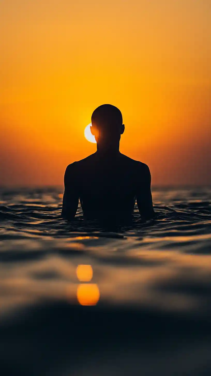 Silhouetted figure merging with a tranquil sunset companion