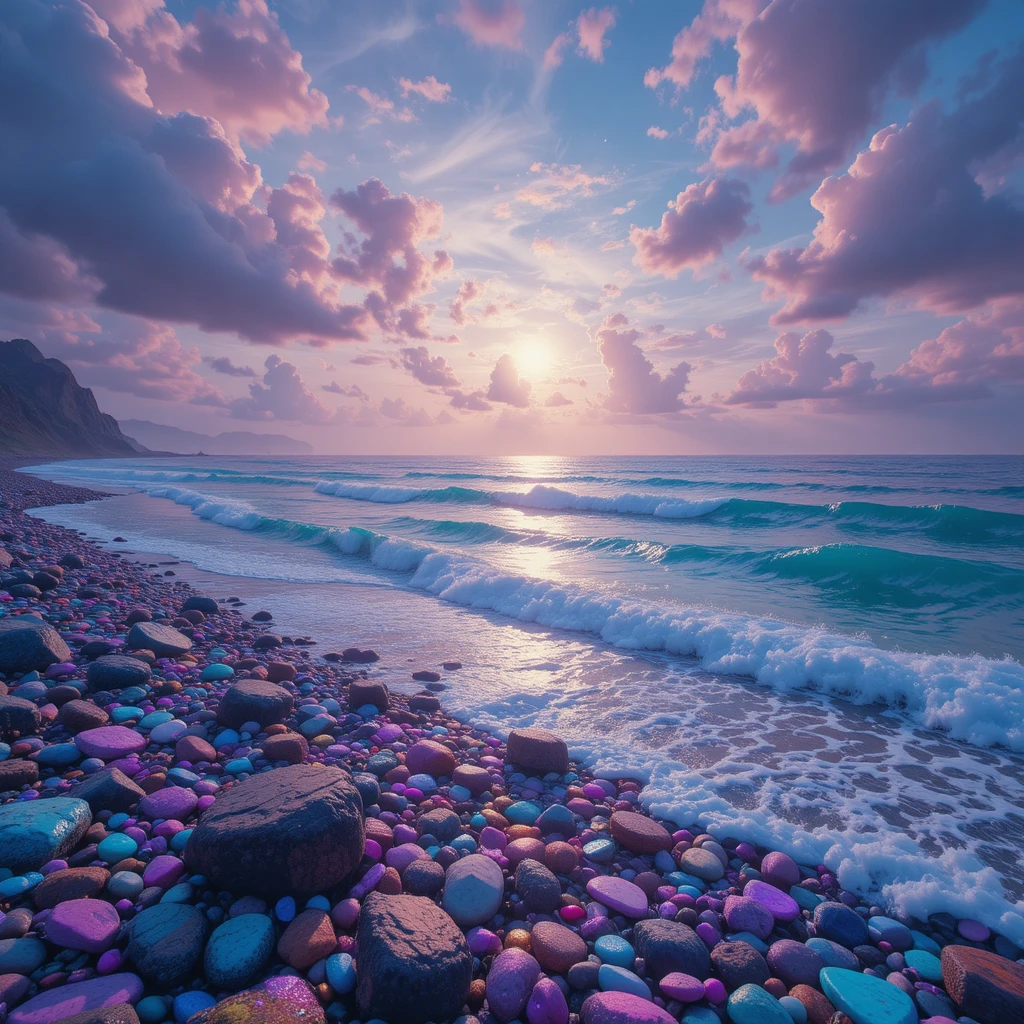 Surreal Iridescent Ocean Under A Radiant Fantasy Sky