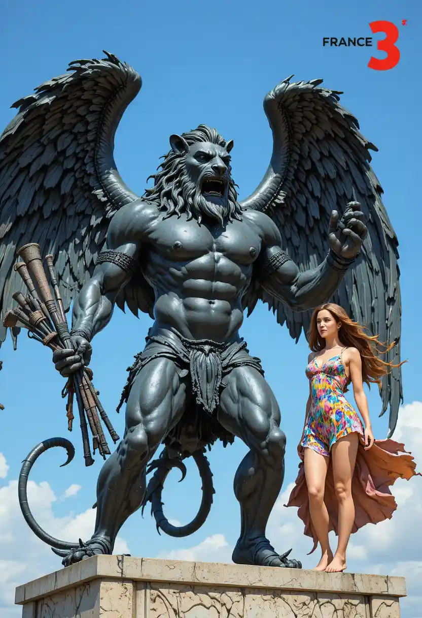 Bronze winged lion statue striking with bundled clubs