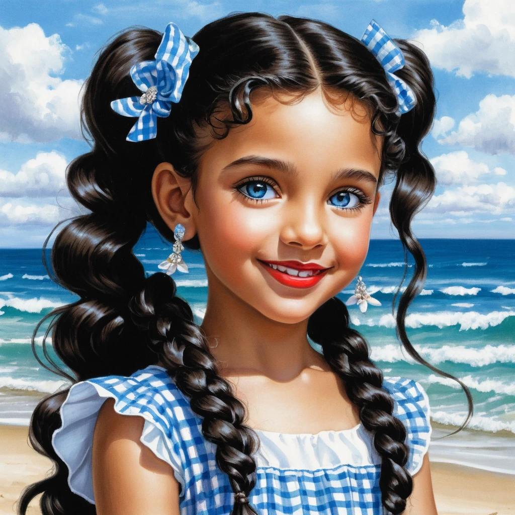 Smiling girl with curly black hair in summer dress