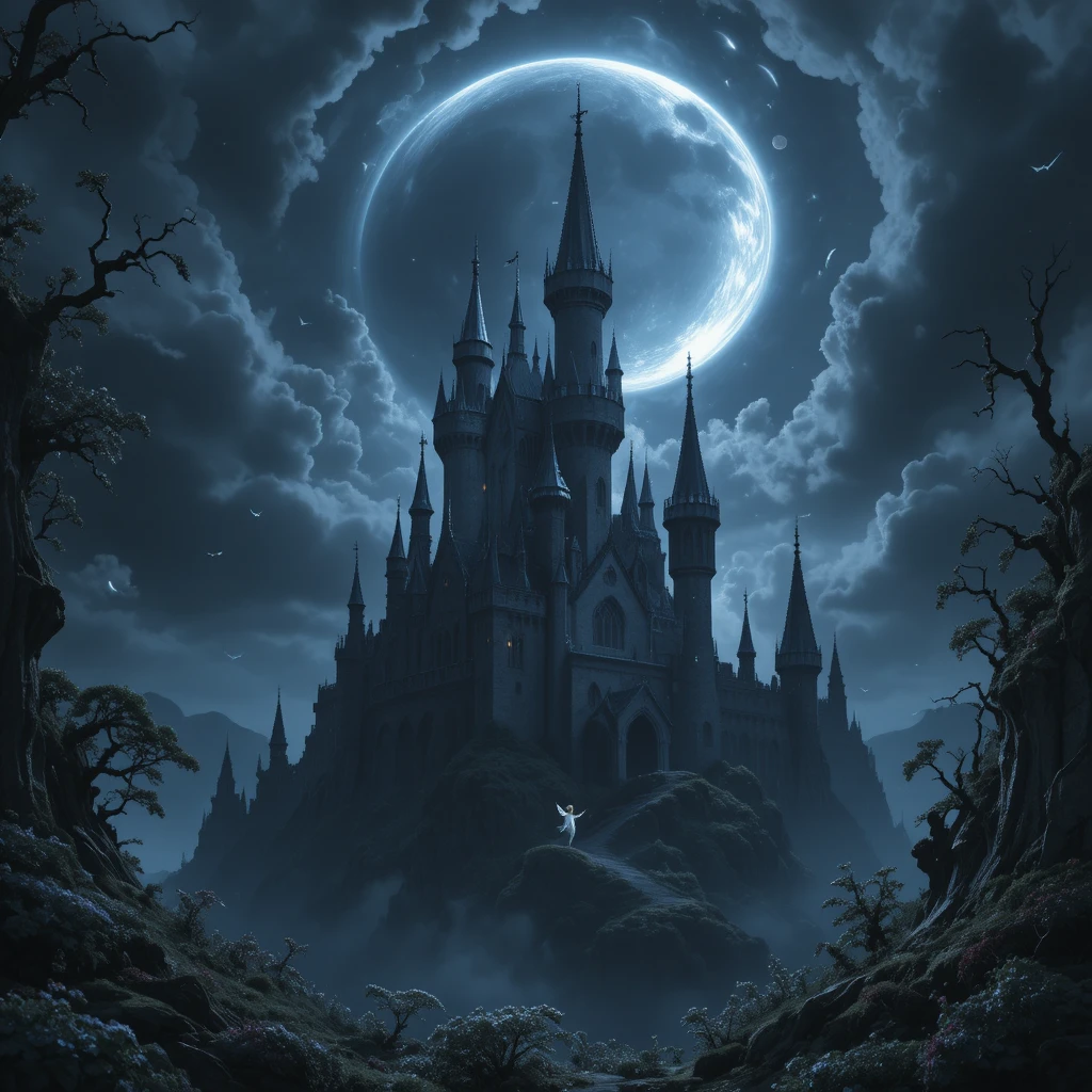 Foreboding Fantasy Castle Under A Sickle Moon With Fairies