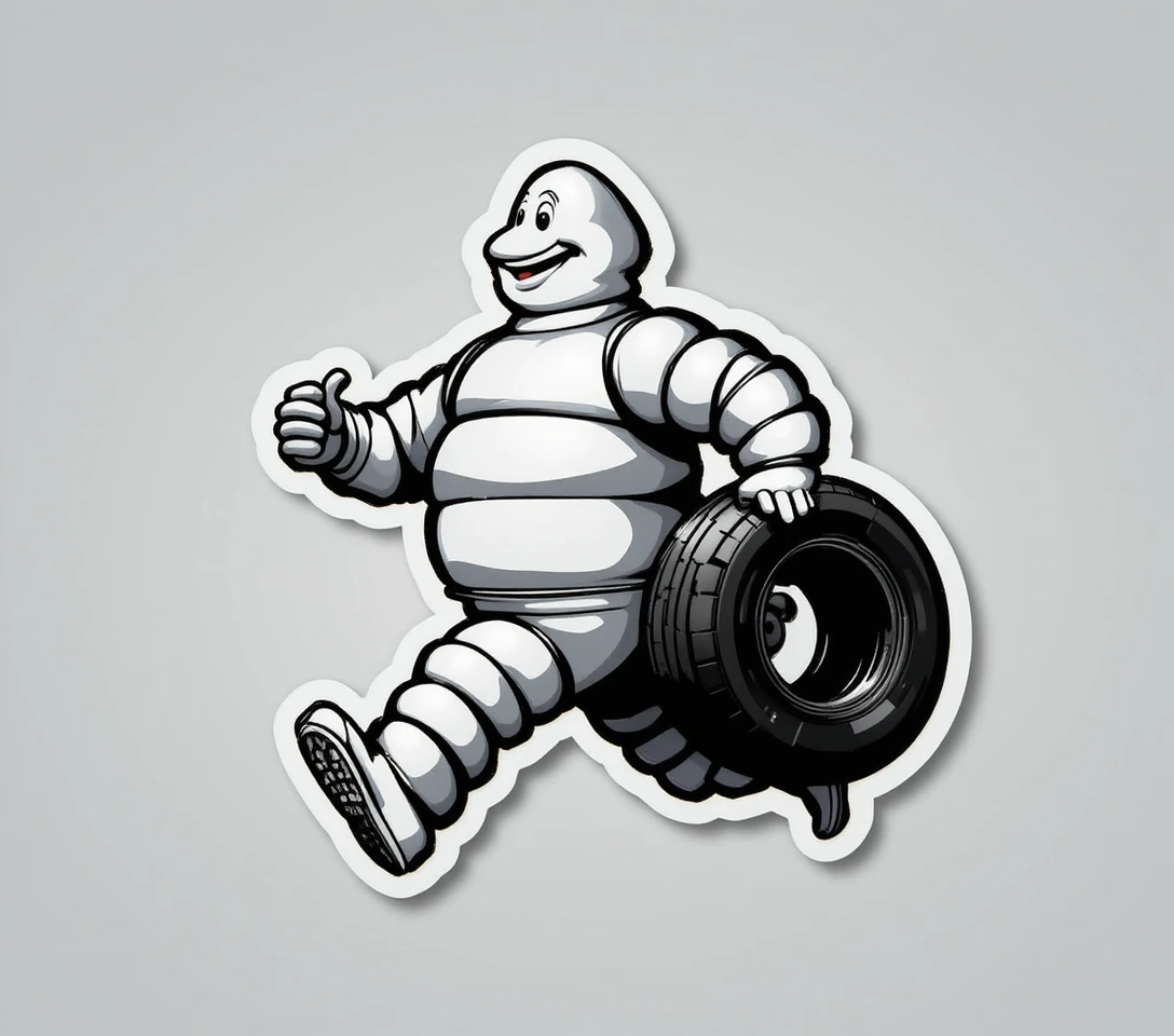 Cheerful walking mascot with tire in bold black outline