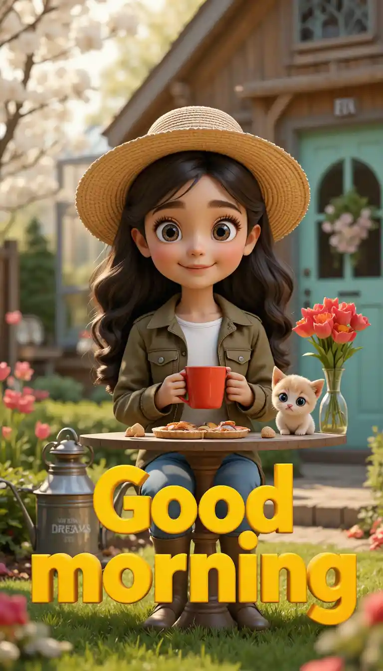 Little girl with kitten at sunny garden breakfast table
