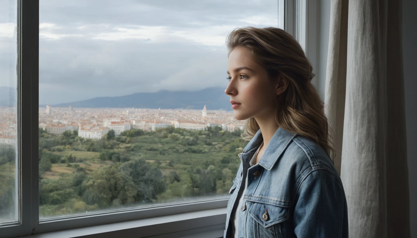 Young woman in denim gazing out over an overcast city