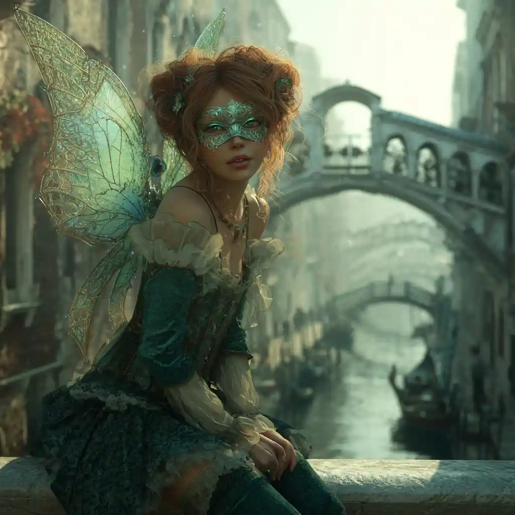 Masked fairy woman on a rococo bridge in misty Venice