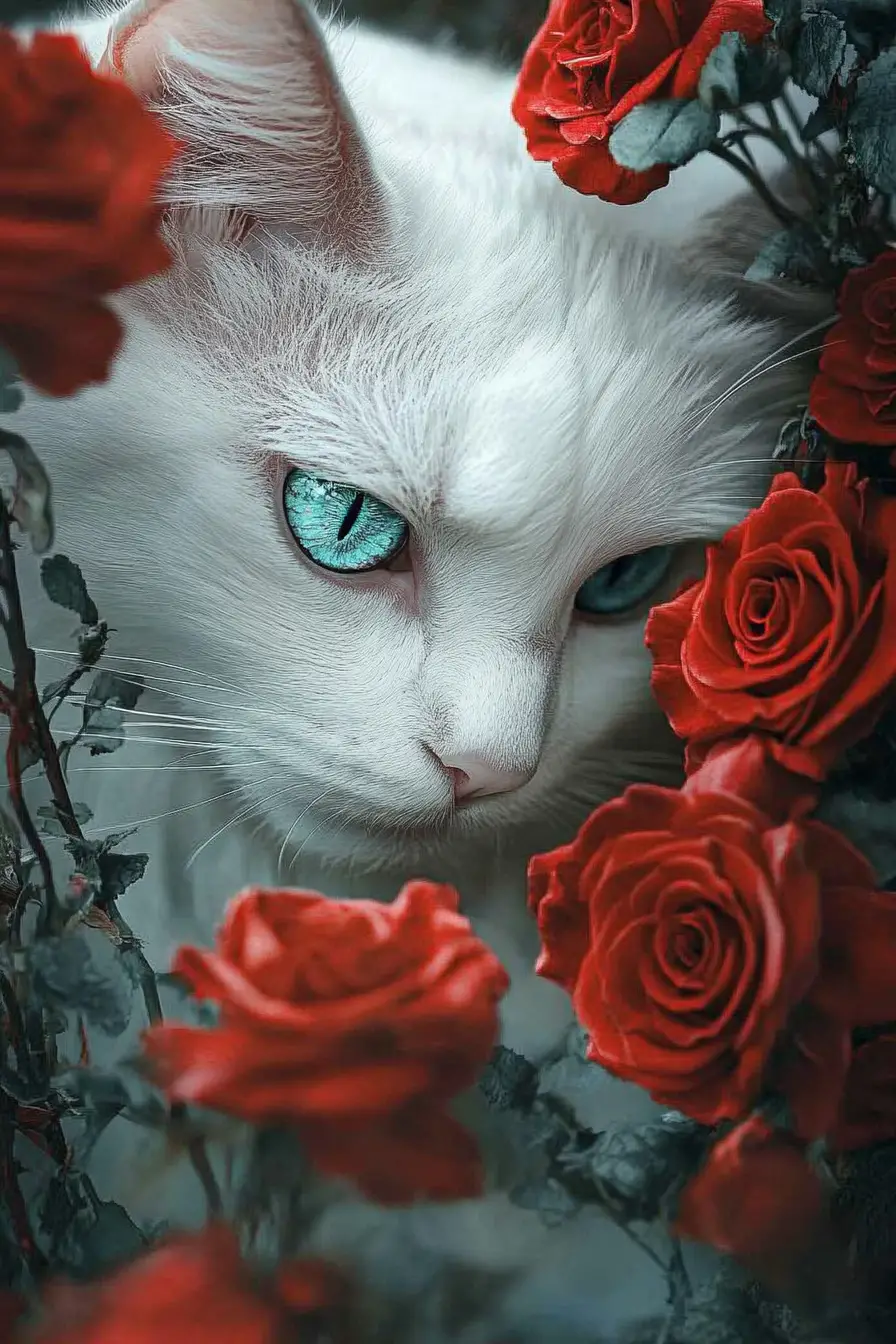 White blue eyed cat with roses in a dreamy forest