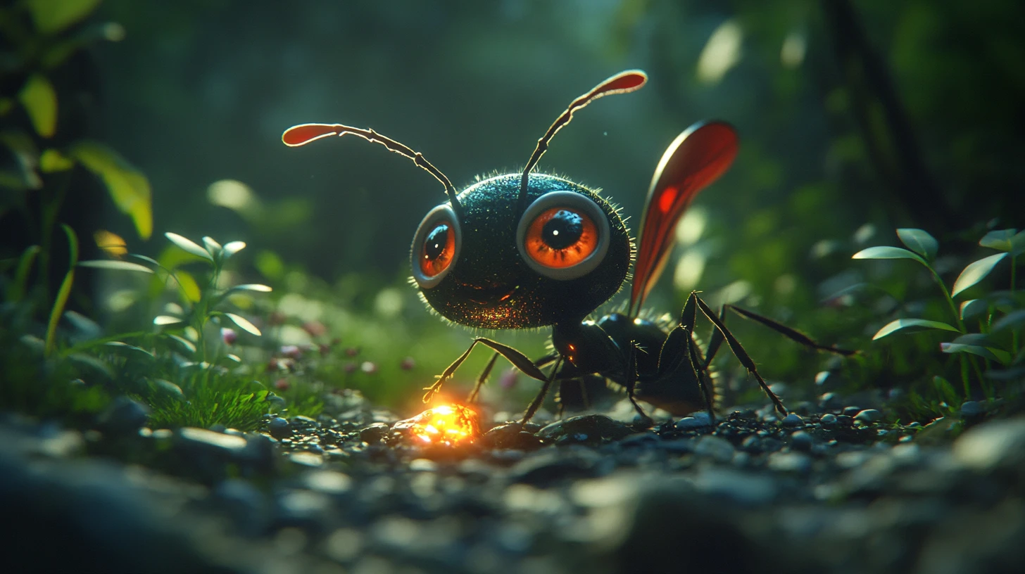 Cute ant character carrying a glowing fragment in forest