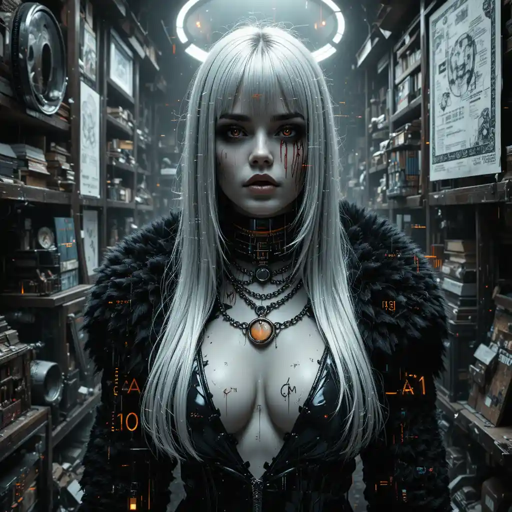 Techno-Noir-Porträt einer Frau im glitschenden Cyber-Archiv