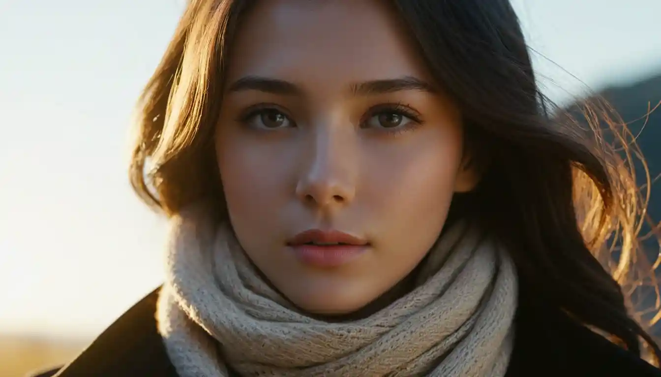 Young woman in backlit cinematic close up at golden hour