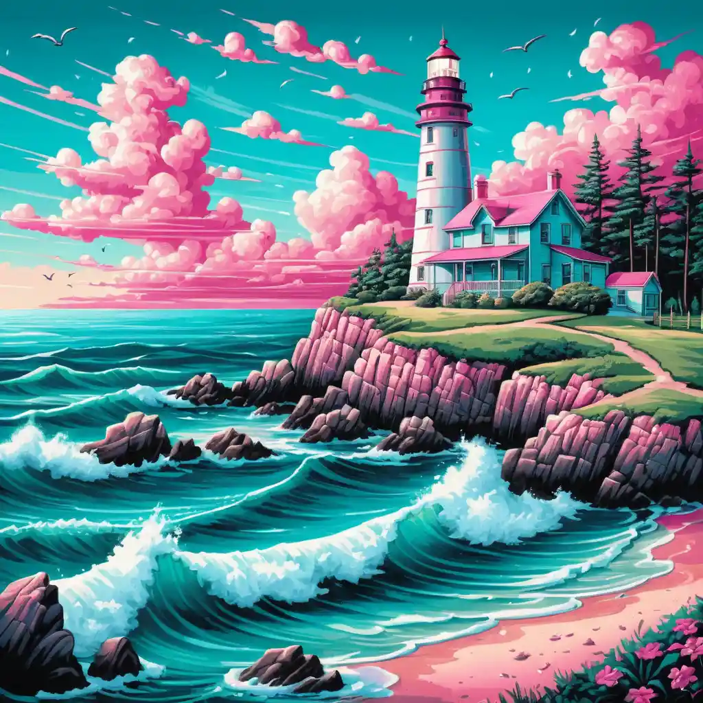 Close up lighthouse illustration against a turquoise summer sea